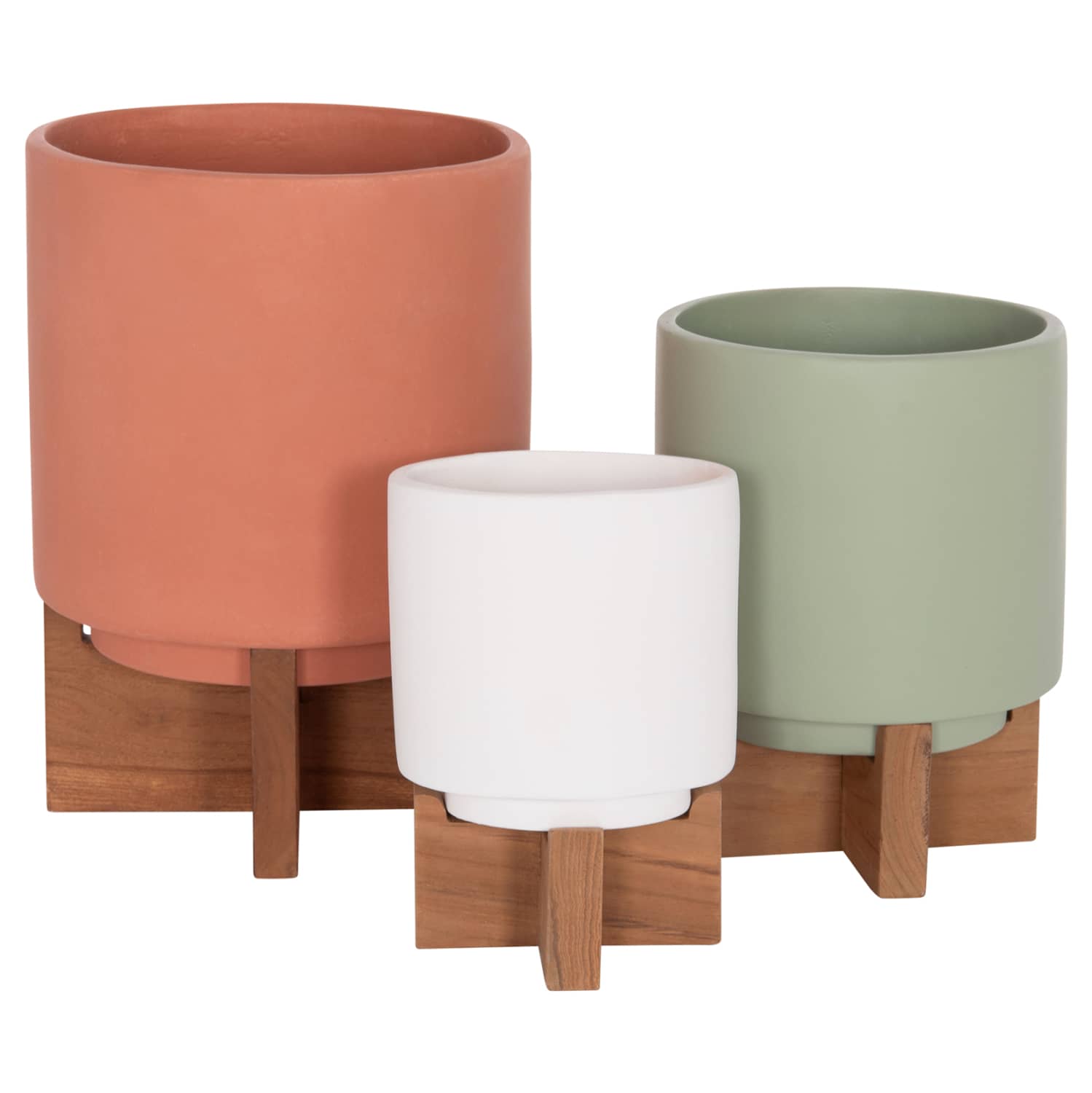 SET 3 POTS/VASES WITH TEAK BASES TANTI HM4685 FIBER CEMENT IN 3 COLORS