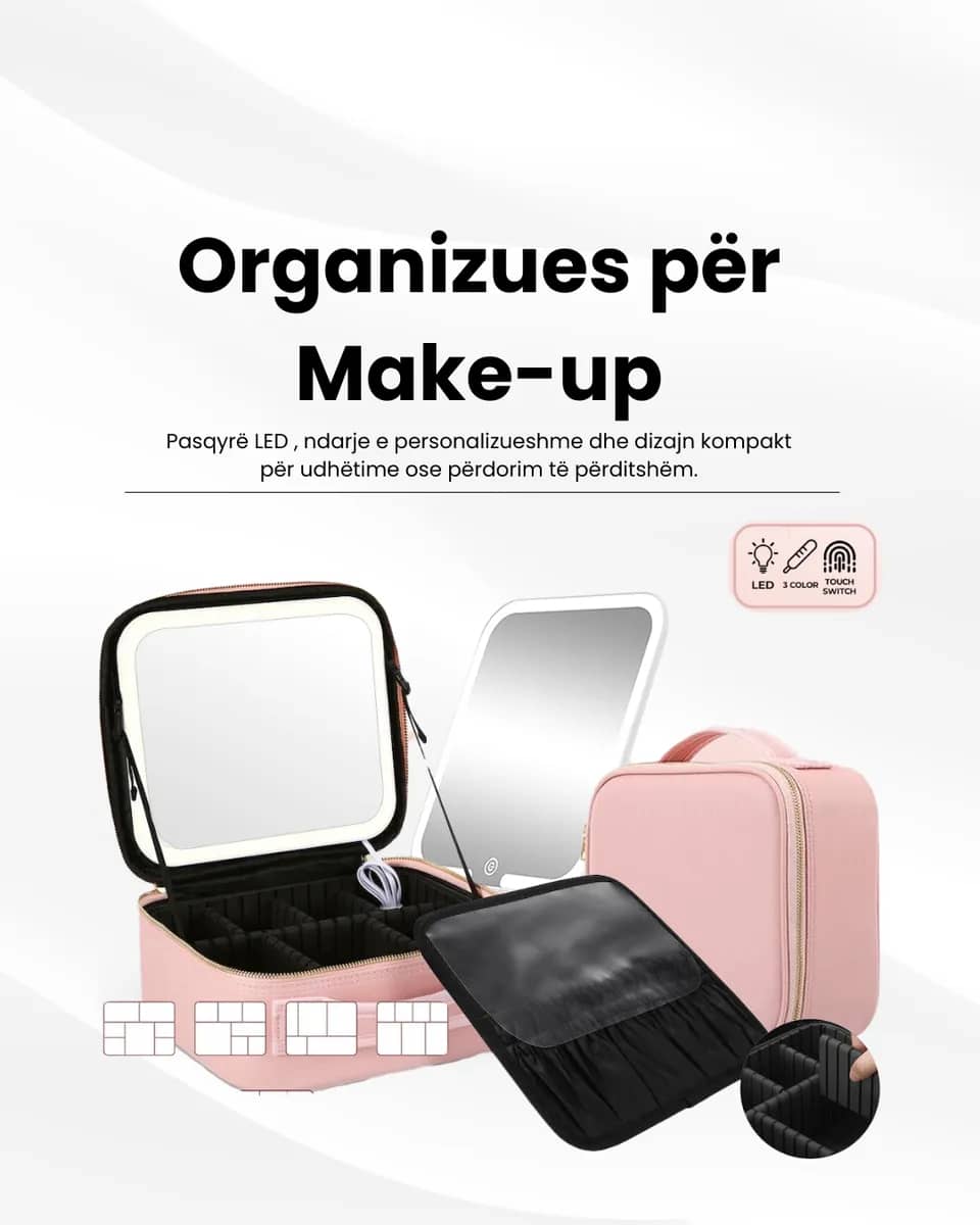 Çantë + Pasqyrë LED për Makeup (MakeUp Organizator)