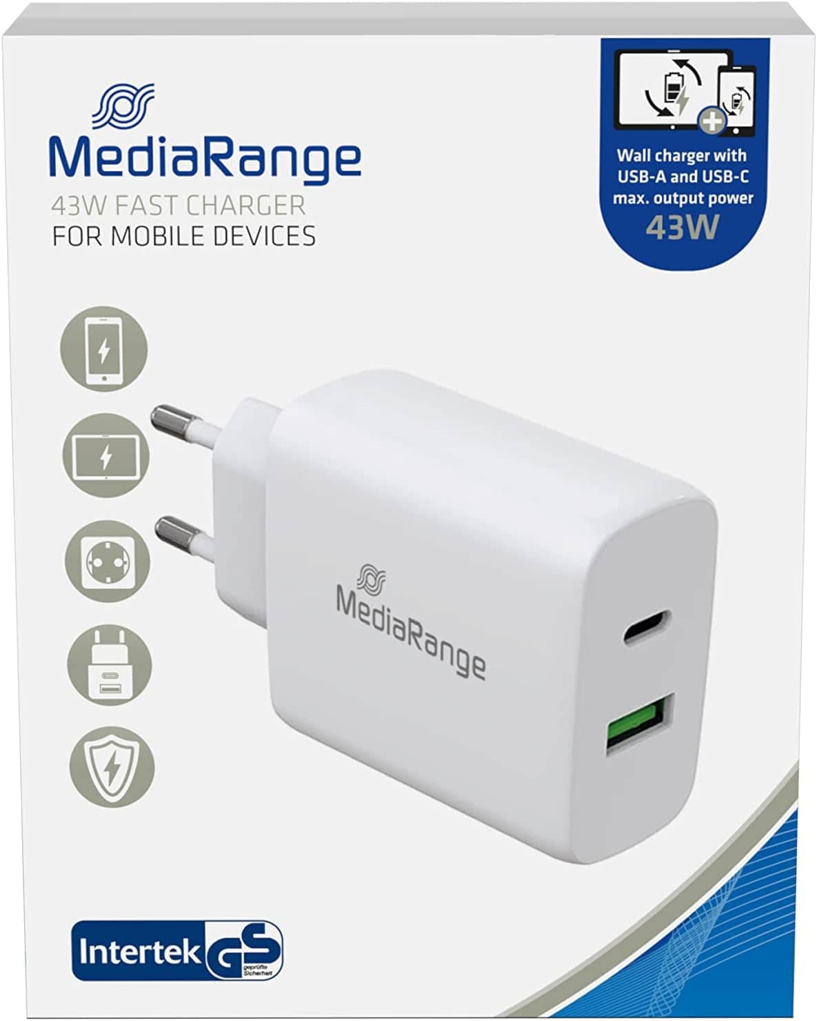 KARIKUES FAST CHARGER MEDIARANGE 43W FAST CHARGER WITH USB-A AND USB-C OUTPUT, WHITE