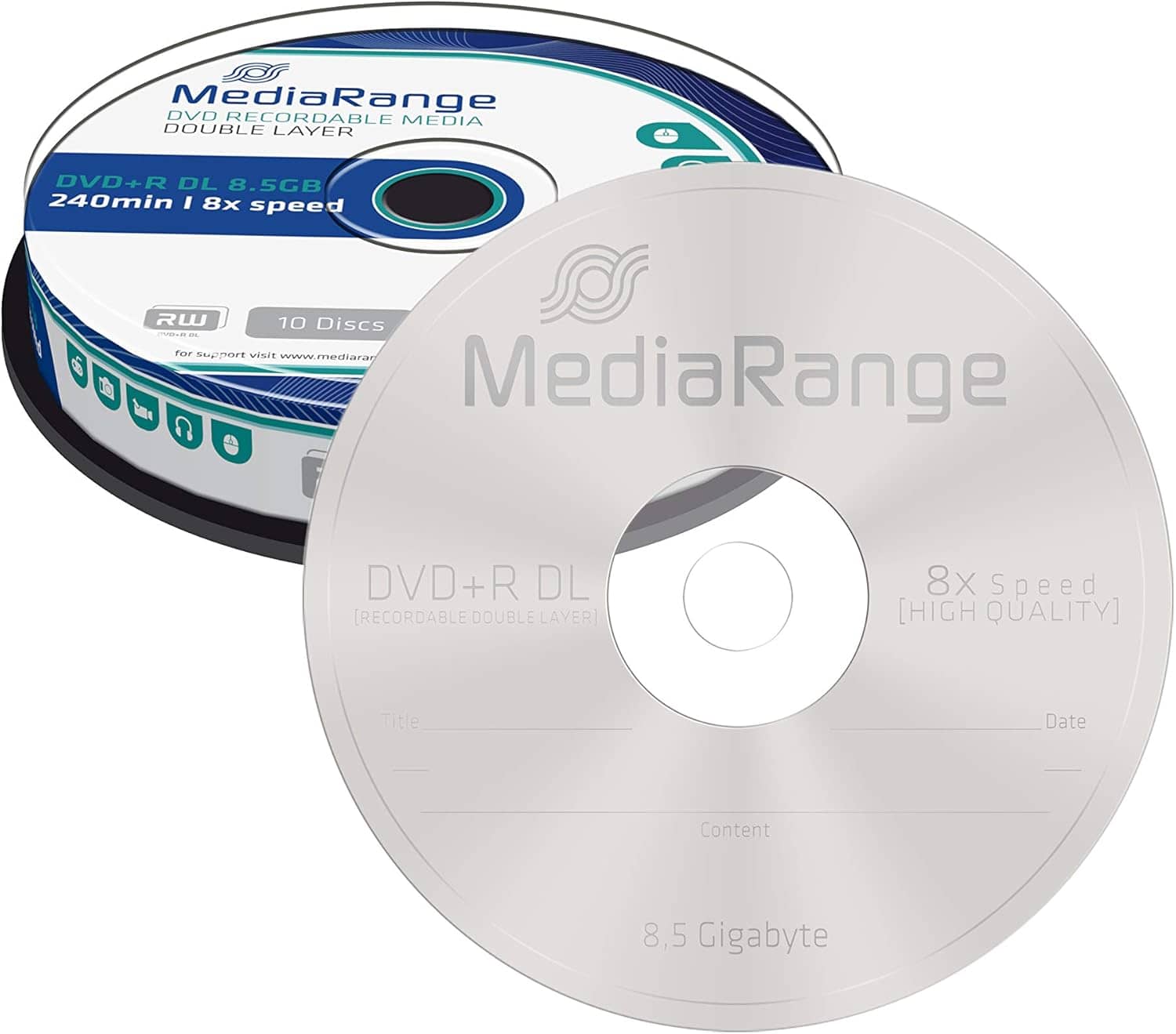 DVD+R DOUBLE LAYER 8.5GB|240MIN 8X SPEED, CAKE 10 MEDIARANGE MR466