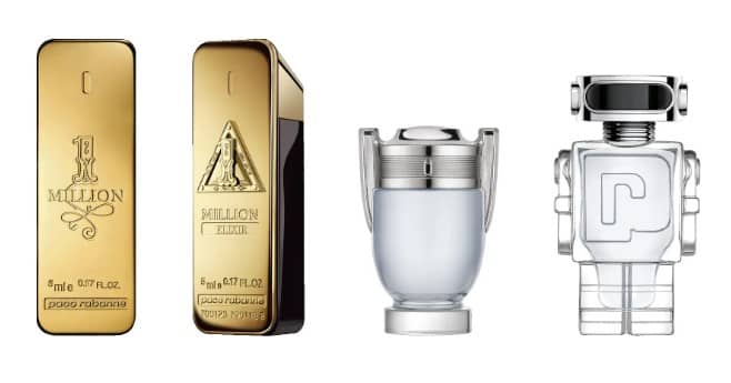Parfum Koleksion Miniaturash Rabanne për Meshkuj – One Million EDT 5 ml + One Million Elixir Intense Parfum 5 ml + Invictus EDT 5 ml + Phantom EDT 5 ml