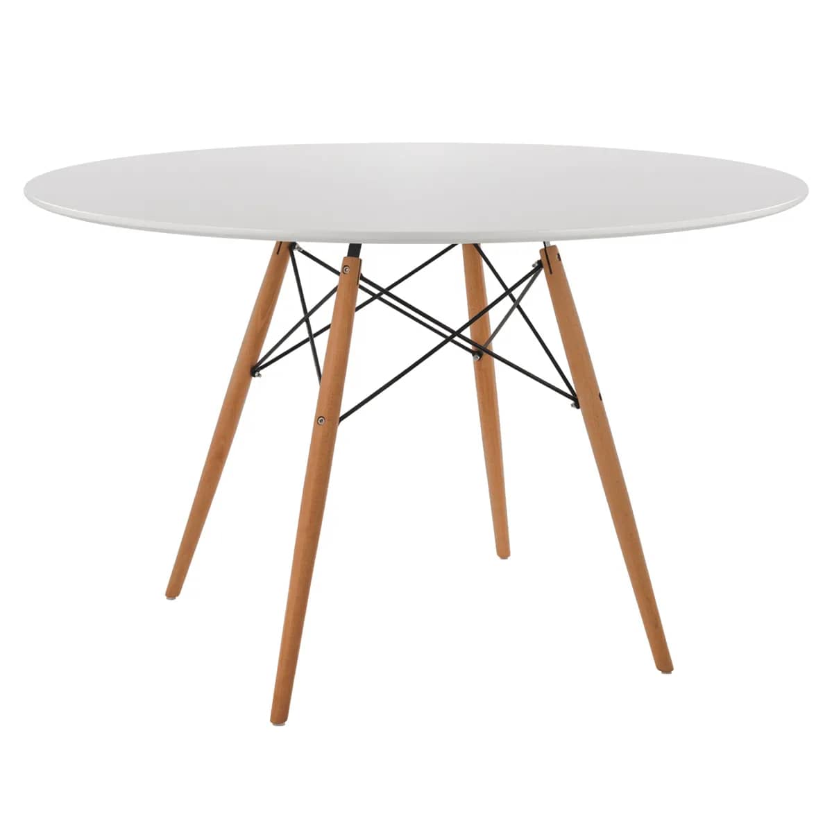 Tavolinë ngrënieje rrethore MINIMAL HM8454.01 prej MDF në ngjyrë të bardhë – këmbë druri ahu në ngjyrë natyrale, Φ120×75H cm.