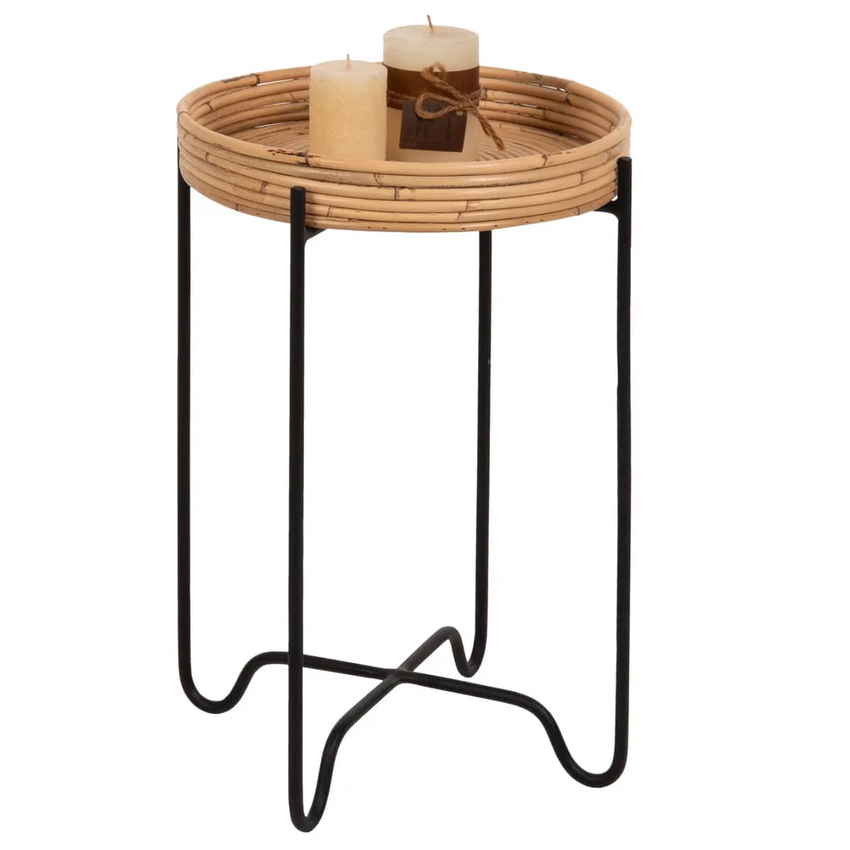 Tryezë e Vogël FLY HM7905 – Rattan në Ngjyrë Natyrale me Bazë Metalike të Zezë Φ32x48H cm