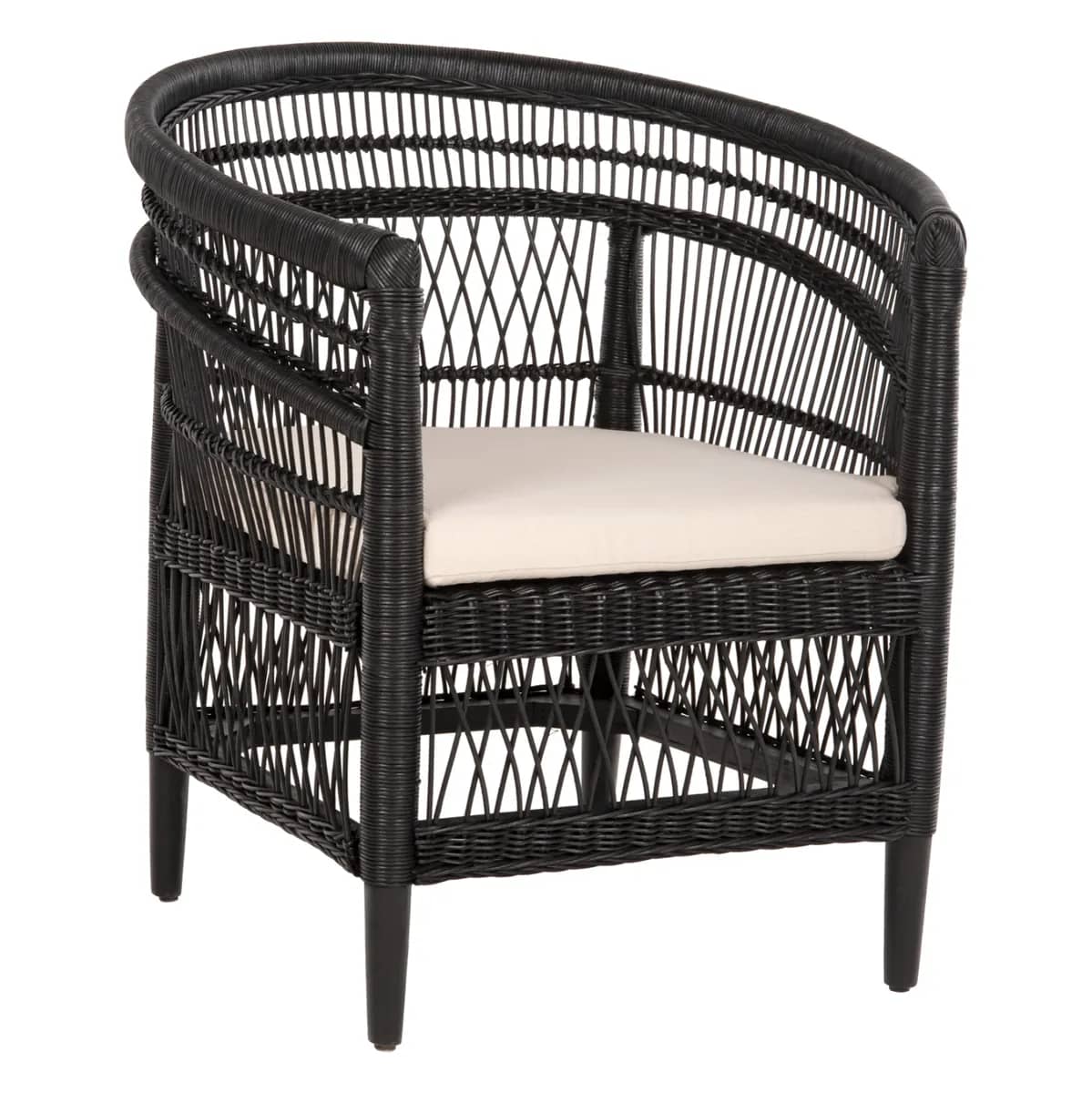 Karrige Dore MALAWI HM9635.03 Druri Mahogany me Rattan në Ngjyrë të Zi – Jastëk i Bardhë 80x70x86Hcm