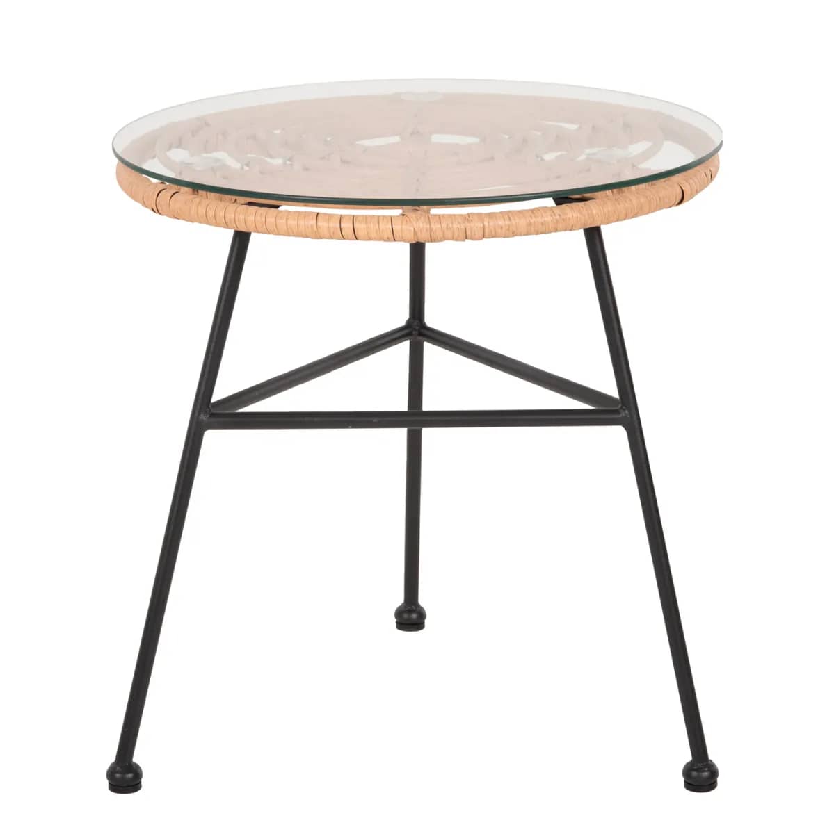 TAVOLINË ANËSORE RRETHORE ALLEGRA HM5459.11 – Metalike e Zezë me Rattan Beige dhe Qelq, Φ45x46H cm