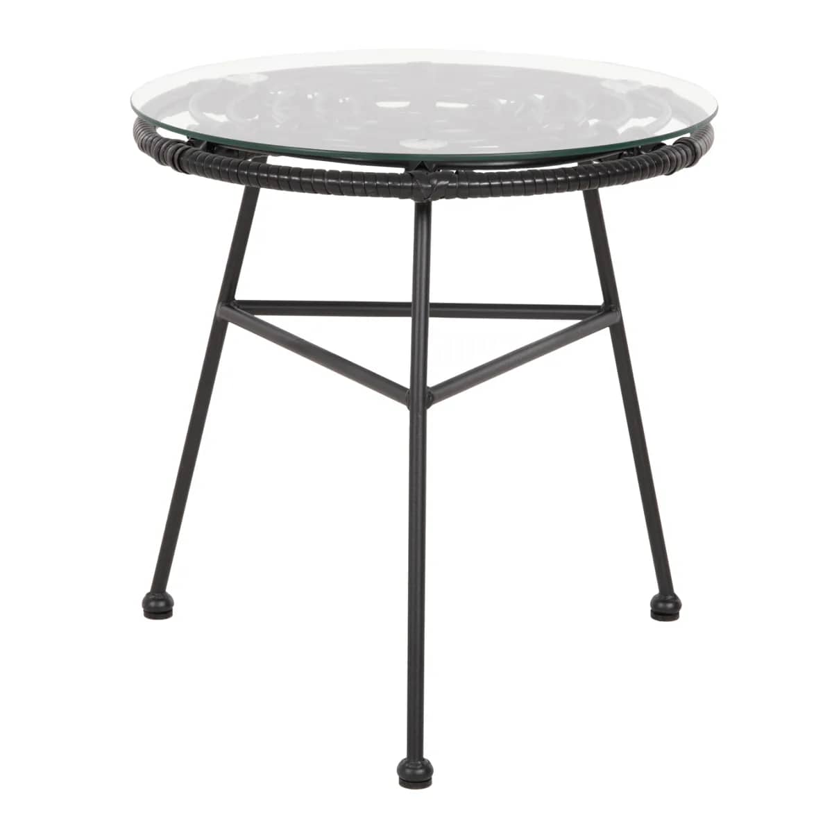 TAVOLINË ANËSORE RRETHORE ALLEGRA HM5459.12 – METAL I ZEZË, RATTAN I ZEZË, XHAM Φ45x46H cm