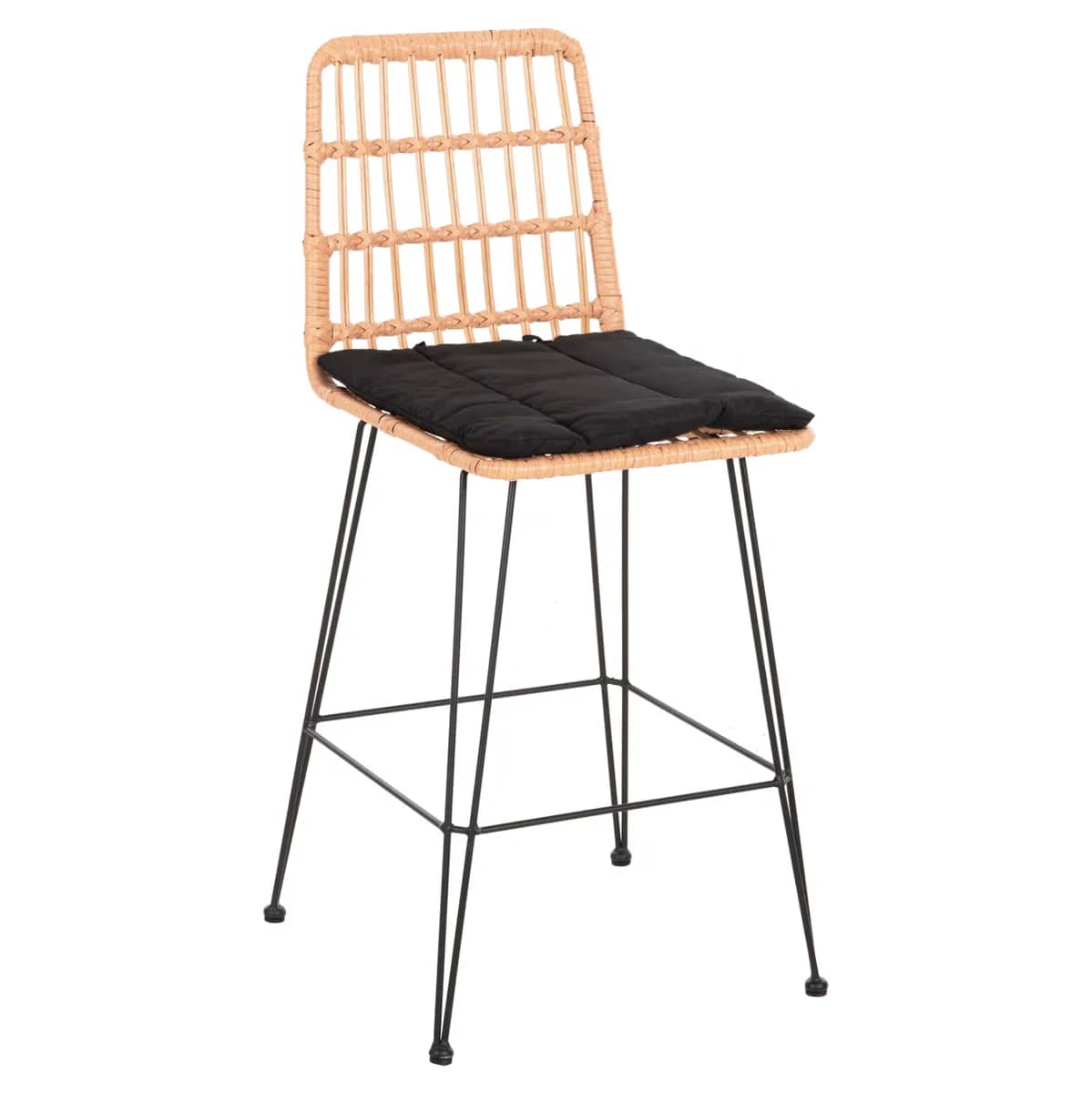 Tabure me Lartësi Mesatare ALLEGRA HM5643.11 Metal & Jastëk, e Zezë – Wicker në Bezhë 50x55x103H cm