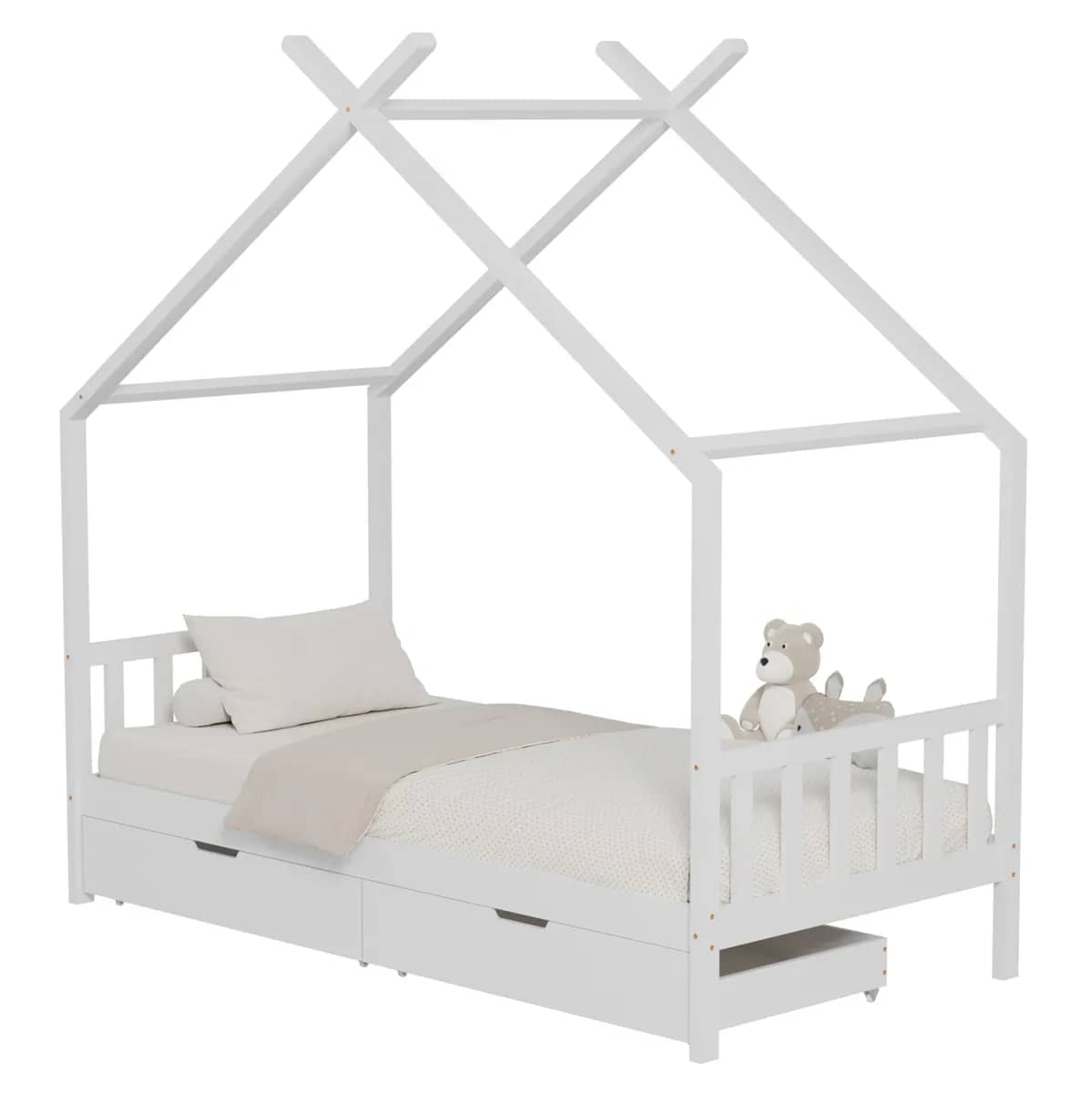 Shtrat për Fëmijë KLARICE HM680.03 Stil Montessori – 2 Tërheqëse – Druri i Fortë Pishë në Ngjyrë të Bardhë 190x90 cm