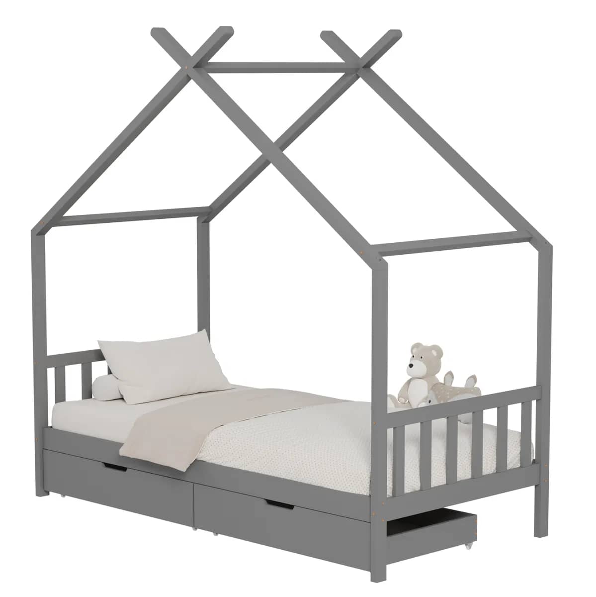 KREVAT PËR FËMIJË KLARICE HM680.05 – STILI MONTESSORI, 2 SHTRESA, DRURË I SOLID PINE NË NGJYRË GRI – 190x90 cm