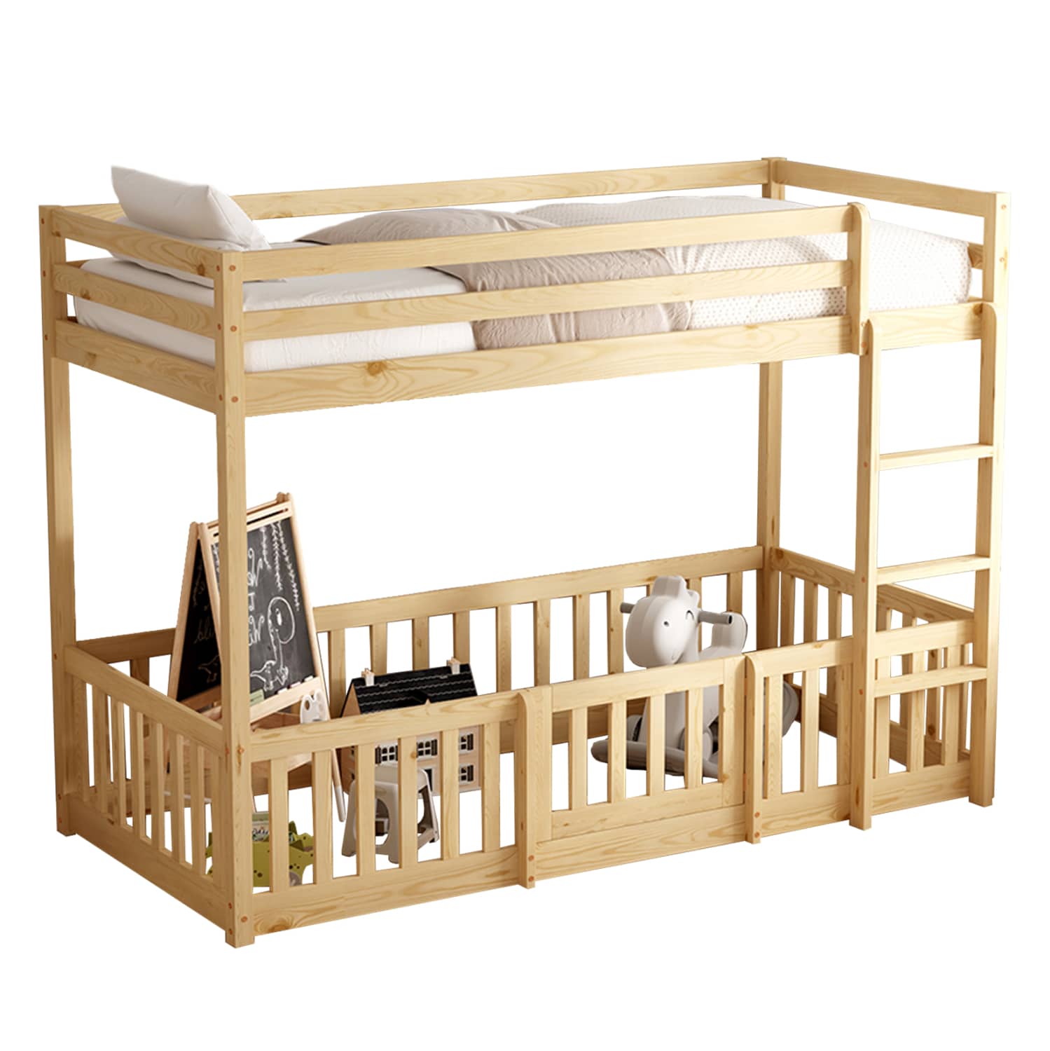 Shtrat Dyshe Montessori për Fëmijë PLAYKID me Playpark HM703.01, Druri i Pishës në Ngjyrë Natyrale për 190x90 cm